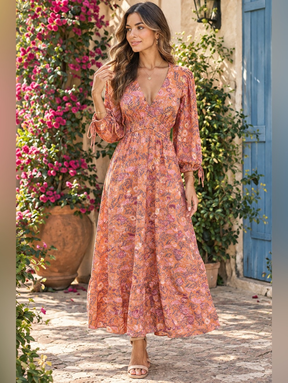 Billabong Orange Floral V-Neck Midi Dress